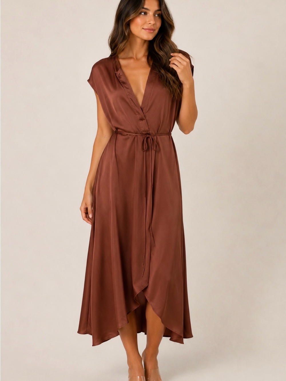 H&M Chocolate Brown Satin Wrap High-Low Dress